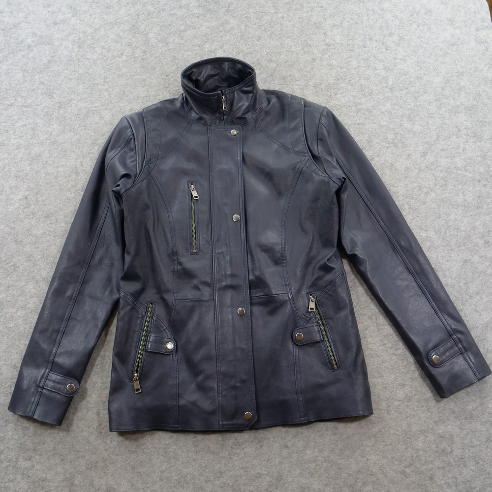 LeatherCult Jacket Womens Medium Blue Genuine Leather Zip Pockets Moto Lined